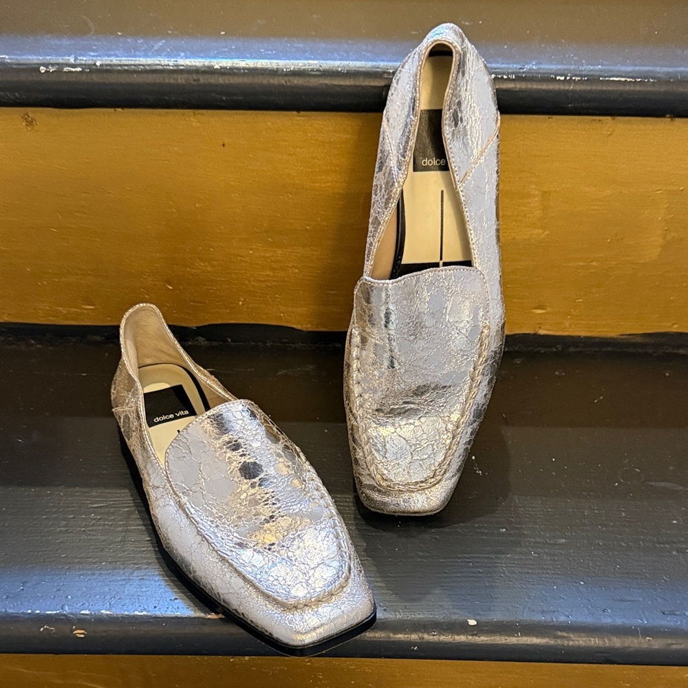 Dolce Vita Metallic Silver Textured Leather Loafers